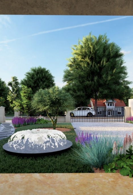 Landscape design featuring a central fountain surrounded by vibrant garden elements