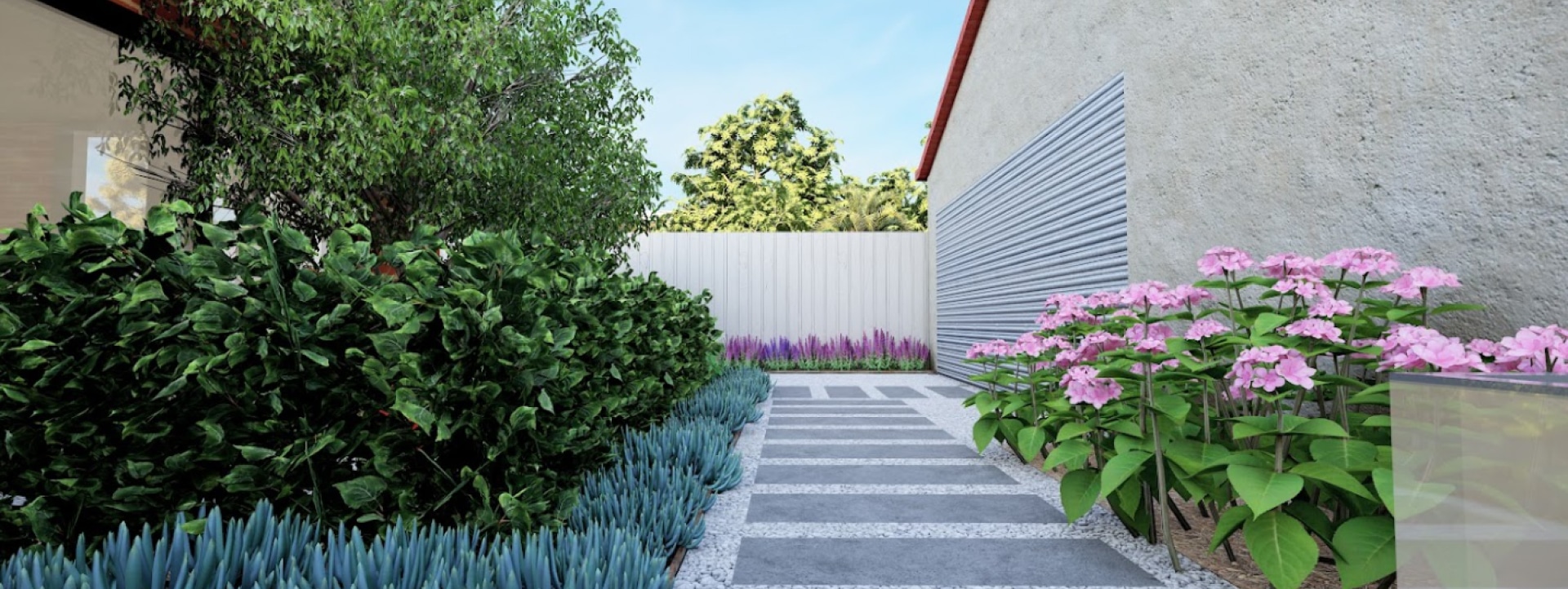Beautifully designed walkway bordered by shrubs and colorful flowers