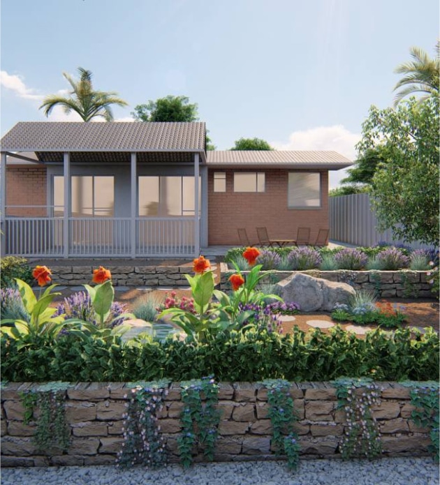 Landscape design with a stone retaining wall and vibrant flowering plants