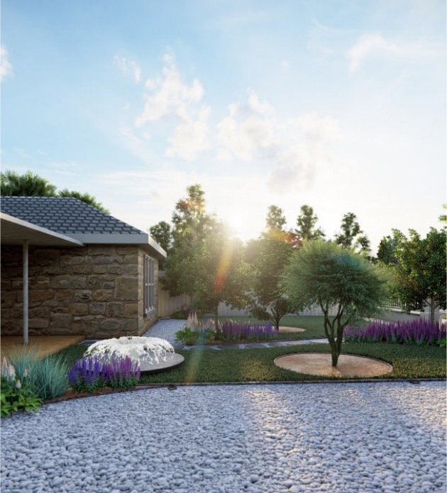 Low-maintenance landscape design with sleek paths and native greenery