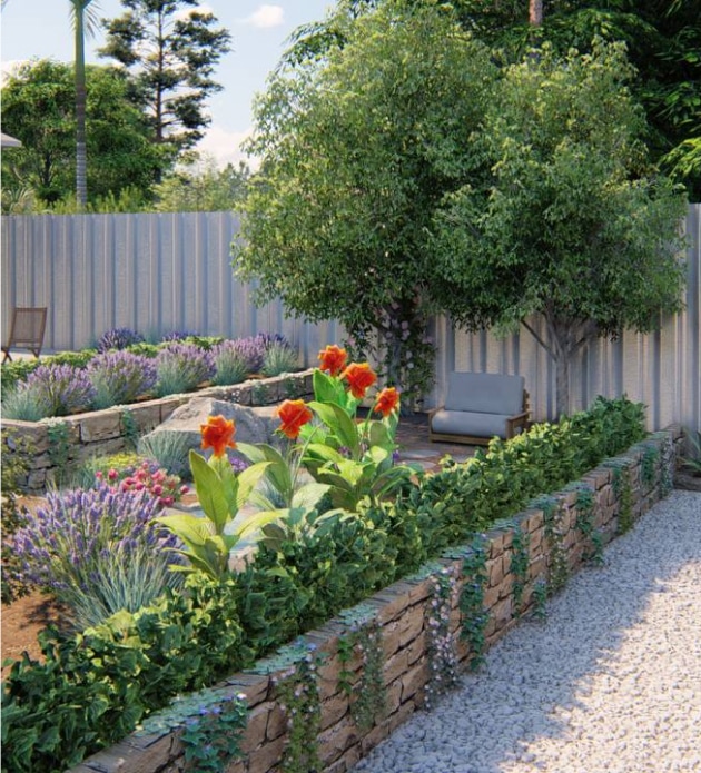 Landscape design featuring a retaining wall complemented by flowering plants and greenery