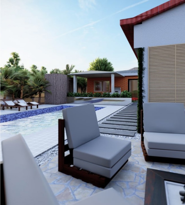 Elegant outdoor lounge area with a pool surrounded by modern landscape design
