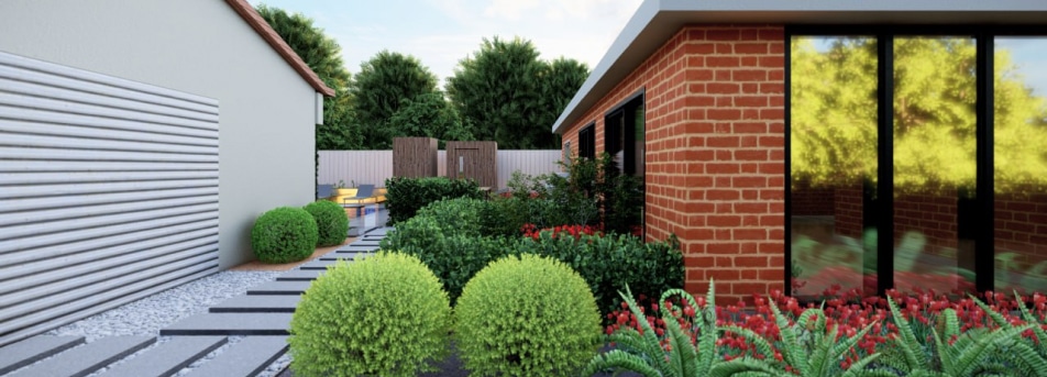 Landscape design with a stone walkway surrounded by neatly trimmed shrubs